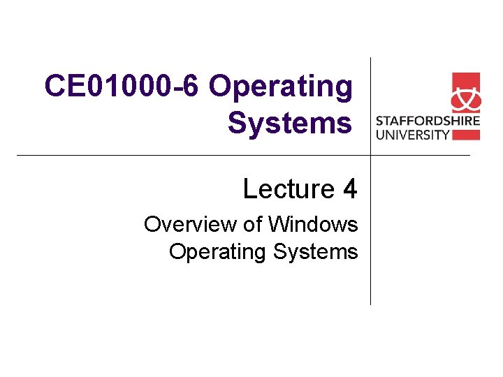 CE 01000 -6 Operating Systems Lecture 4 Overview of Windows Operating Systems 