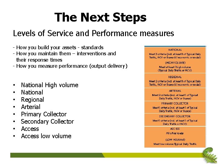 The Next Steps Levels of Service and Performance measures - How you build your