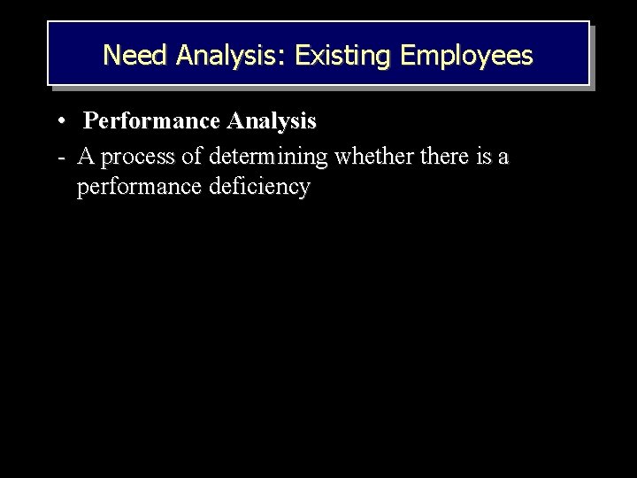 Need Analysis: Existing Employees • Performance Analysis - A process of determining whethere is