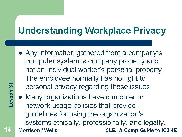 Understanding Workplace Privacy Lesson 31 l 14 l Any information gathered from a company’s