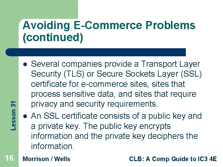 Avoiding E-Commerce Problems (continued) Lesson 31 l 16 l Several companies provide a Transport