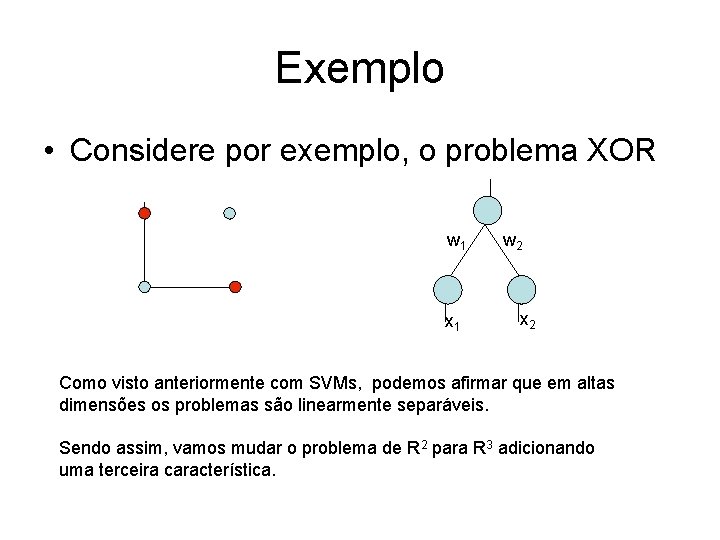 Exemplo • Considere por exemplo, o problema XOR w 1 x 1 w 2