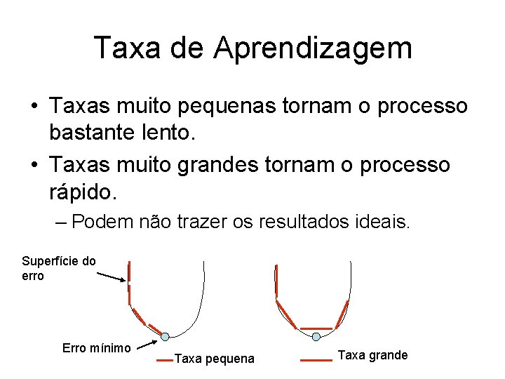 Taxa de Aprendizagem • Taxas muito pequenas tornam o processo bastante lento. • Taxas