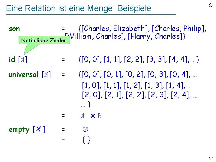 Eine Relation ist eine Menge: Beispiele son = {[Charles, Elizabeth], [Charles, Philip], [William, Charles],