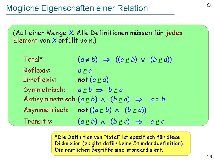 Mögliche Eigenschaften einer Relation (Auf einer Menge X. Alle Definitionen müssen für jedes Element