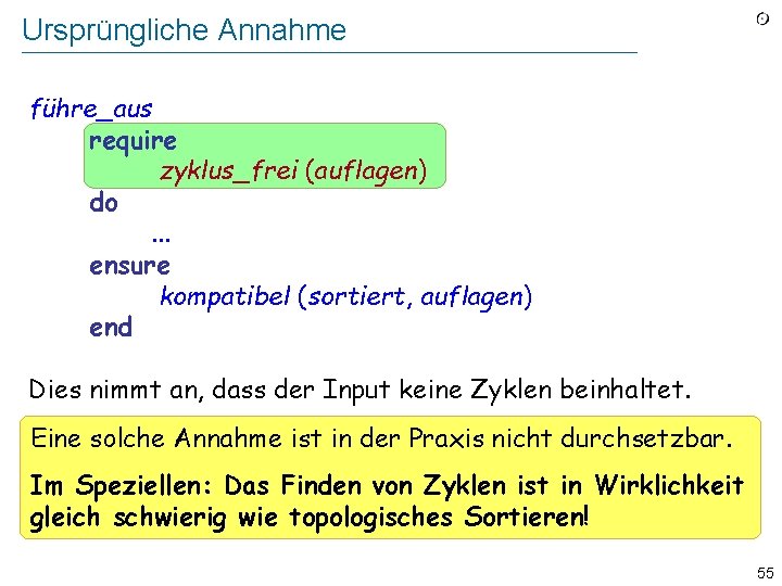 Ursprüngliche Annahme führe_aus require zyklus_frei (auflagen) do. . . ensure kompatibel (sortiert, auflagen) end