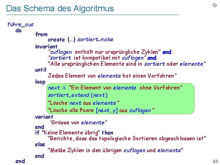 Das Schema des Algoritmus führe_aus do from . create {. . . } sortiert