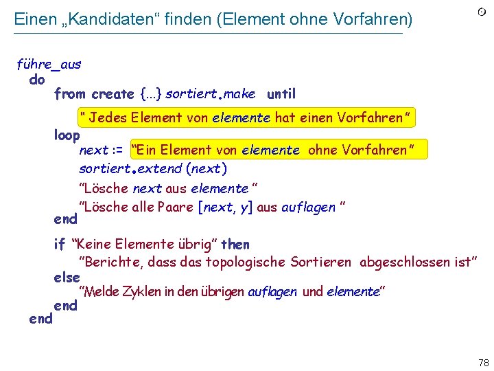 Einen „Kandidaten“ finden (Element ohne Vorfahren) führe_aus do from create {. . . }