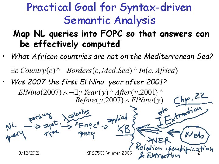 Practical Goal for Syntax-driven Semantic Analysis Map NL queries into FOPC so that answers