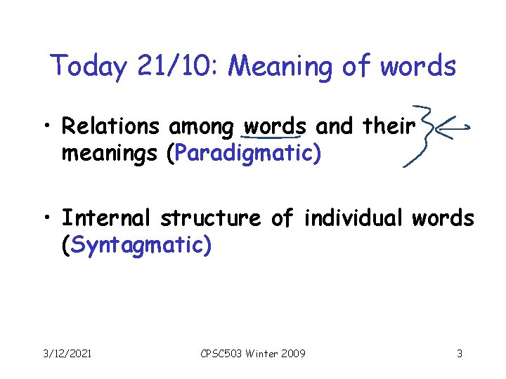 Today 21/10: Meaning of words • Relations among words and their meanings (Paradigmatic) •