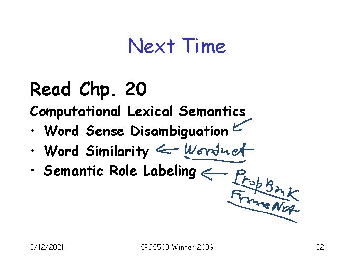 Next Time Read Chp. 20 Computational Lexical Semantics • Word Sense Disambiguation • Word