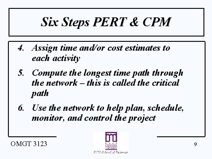 Six Steps PERT & CPM 4. Assign time and/or cost estimates to each activity