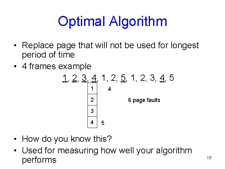 Optimal Algorithm • Replace page that will not be used for longest period of