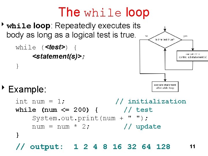 The while loop 8 while loop: Repeatedly executes its body as long as a