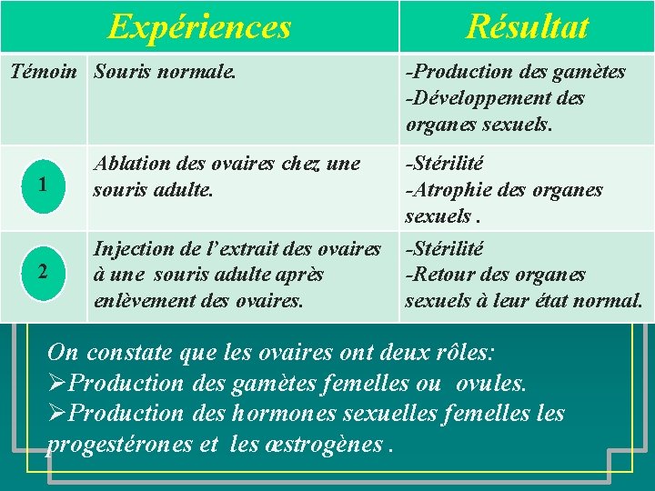 Expériences Témoin Souris normale. Résultat -Production des gamètes -Développement des organes sexuels. 1 Ablation