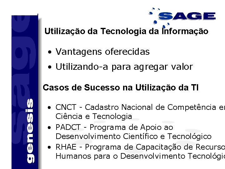 Utilização da Tecnologia da Informação • Vantagens oferecidas • Utilizando-a para agregar valor Casos