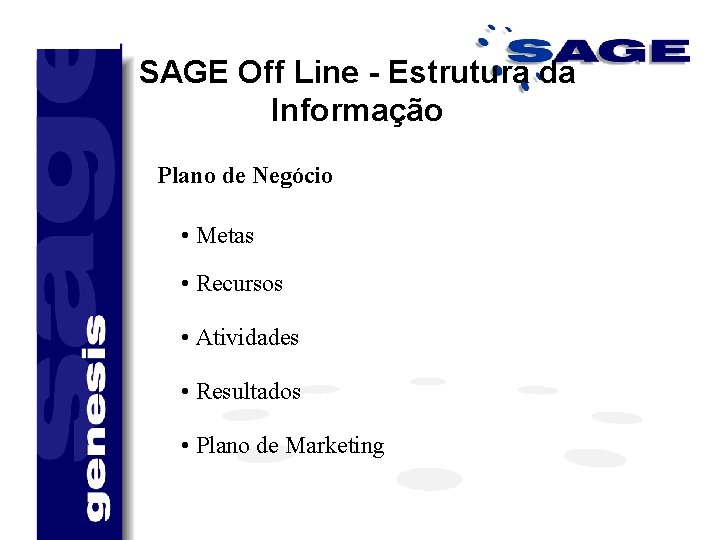 SAGE Off Line - Estrutura da Informação Plano de Negócio • Metas • Recursos