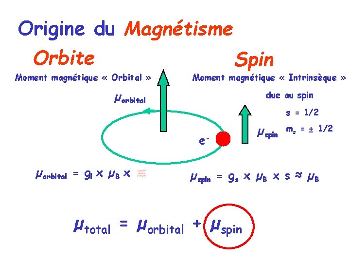 Origine du Magnétisme Orbite Spin Moment magnétique « Orbital » Moment magnétique « Intrinsèque