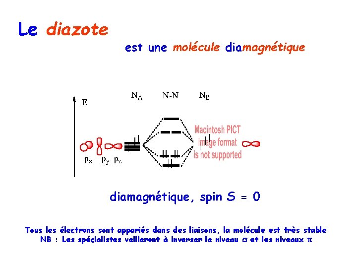 Le diazote est une molécule diamagnétique NA E px N-N NB py pz diamagnétique,