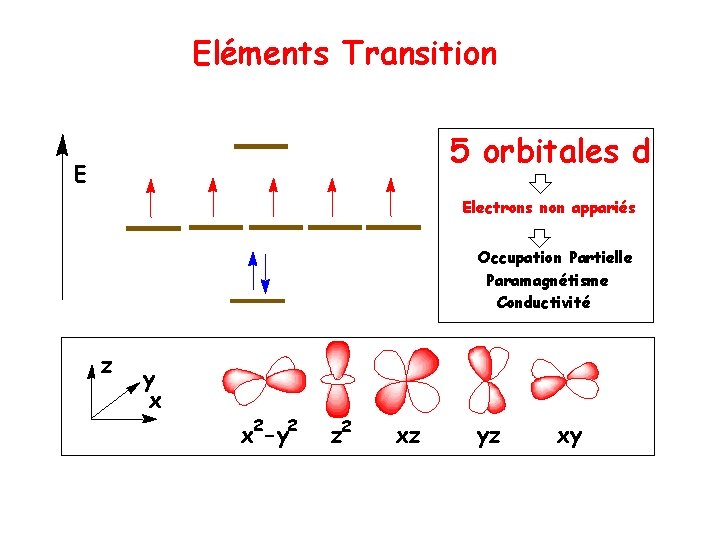 Eléments Transition 5 orbitales d E Electrons non appariés Occupation Partielle Paramagnétisme Conductivité z