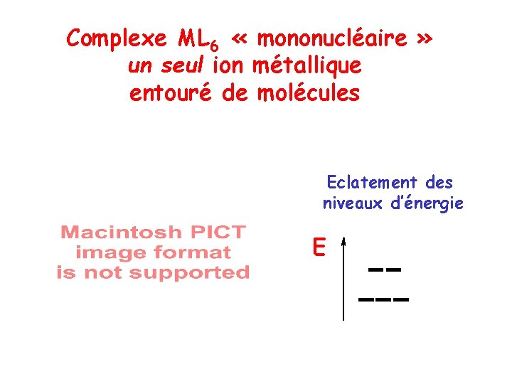 Complexe ML 6 « mononucléaire » un seul ion métallique entouré de molécules Eclatement