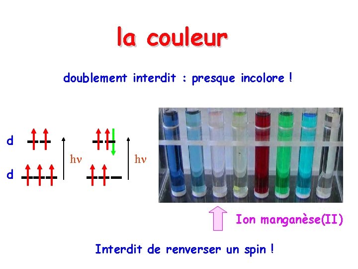 la couleur doublement interdit : presque incolore ! d d h h Ion manganèse(II)