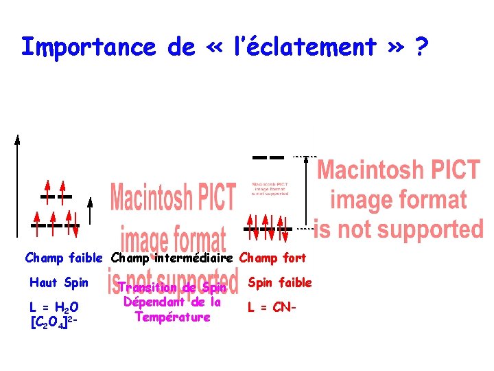 Importance de « l’éclatement » ? Champ faible Champ intermédiaire Champ fort Haut Spin