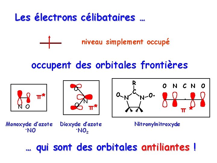 Les électrons célibataires … niveau simplement occupé occupent des orbitales frontières R O π*