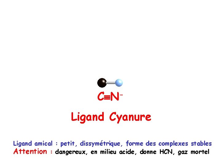 C NLigand Cyanure Ligand amical : petit, dissymétrique, forme des complexes stables Attention :