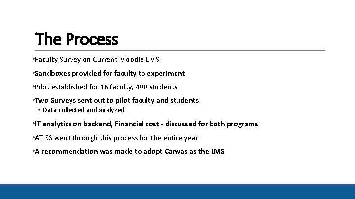 The Process • Faculty Survey on Current Moodle LMS • Sandboxes provided for faculty The Process • Faculty Survey on Current Moodle LMS • Sandboxes provided for faculty