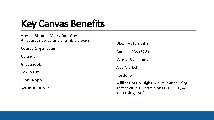 Key Canvas Benefits Annual Moodle Migration: Gone All courses saved and available always Course Key Canvas Benefits Annual Moodle Migration: Gone All courses saved and available always Course