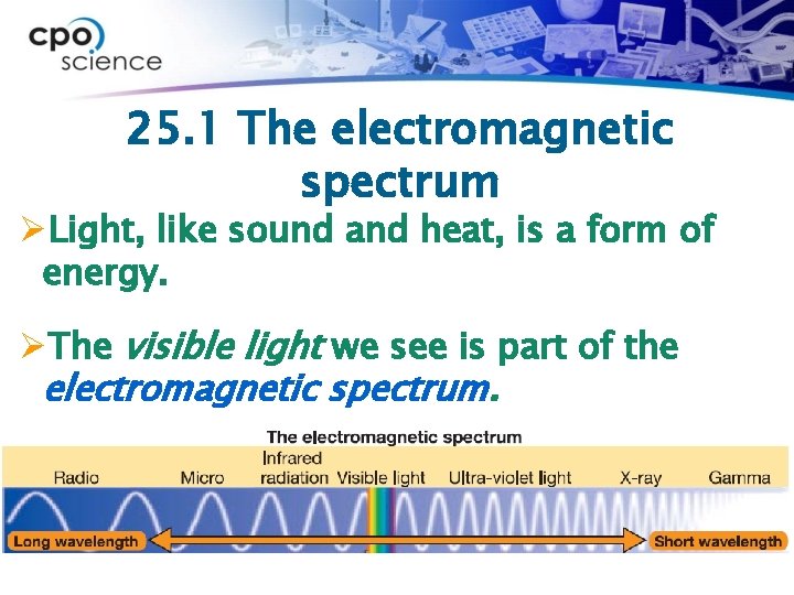 25. 1 The electromagnetic spectrum ØLight, like sound and heat, is a form of