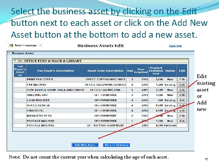 Select the business asset by clicking on the Edit button next to each asset Select the business asset by clicking on the Edit button next to each asset