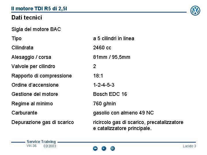 Il motore TDI R 5 di 2, 5 l Dati tecnici Sigla del motore