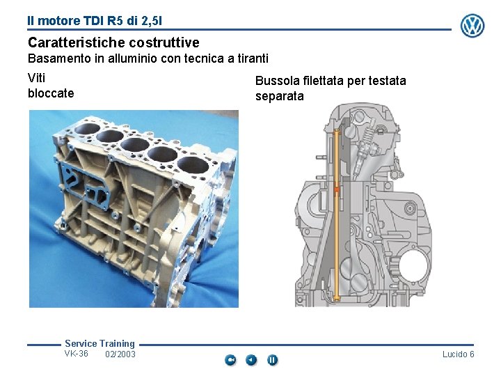 Il motore TDI R 5 di 2, 5 l Caratteristiche costruttive Basamento in alluminio