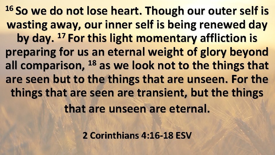 16 So we do not lose heart. Though our outer self is wasting away,