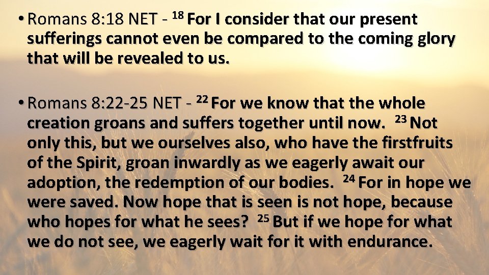  • Romans 8: 18 NET - 18 For I consider that our present