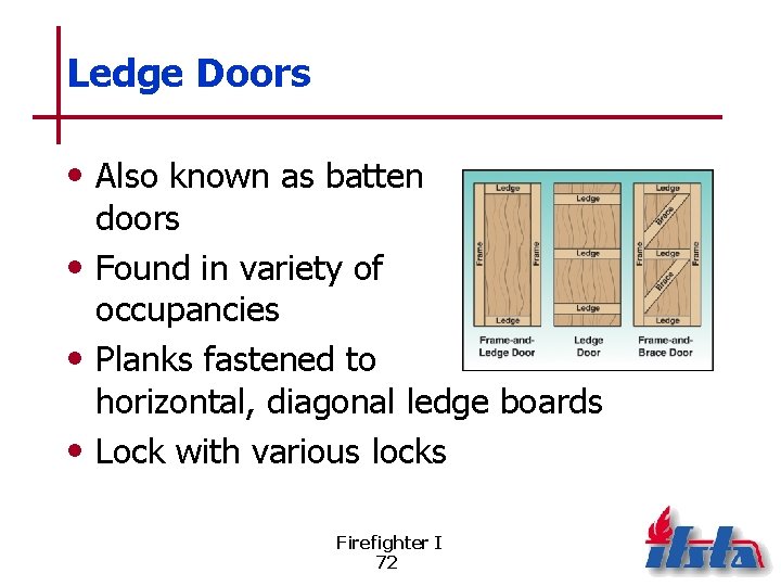 Ledge Doors • Also known as batten doors • Found in variety of occupancies
