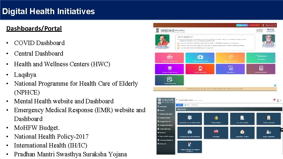 Digital Health Initiatives Dashboards/Portal • COVID Dashboard • Central Dashboard • Health and Wellness