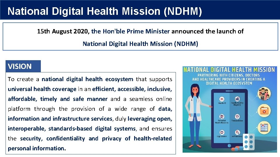 National Digital Health Mission (NDHM) 15 th August 2020, the Hon'ble Prime Minister announced