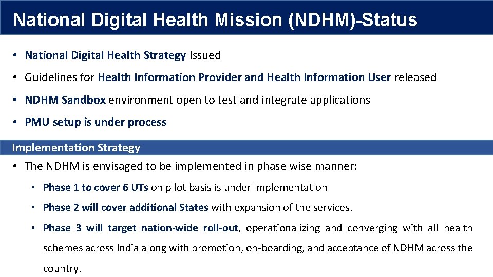 National Digital Health Mission (NDHM)-Status • National Digital Health Strategy Issued • Guidelines for