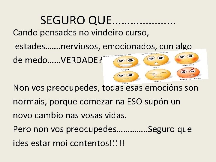 SEGURO QUE………………… Cando pensades no vindeiro curso, estades……. nerviosos, emocionados, con algo de medo……VERDADE?