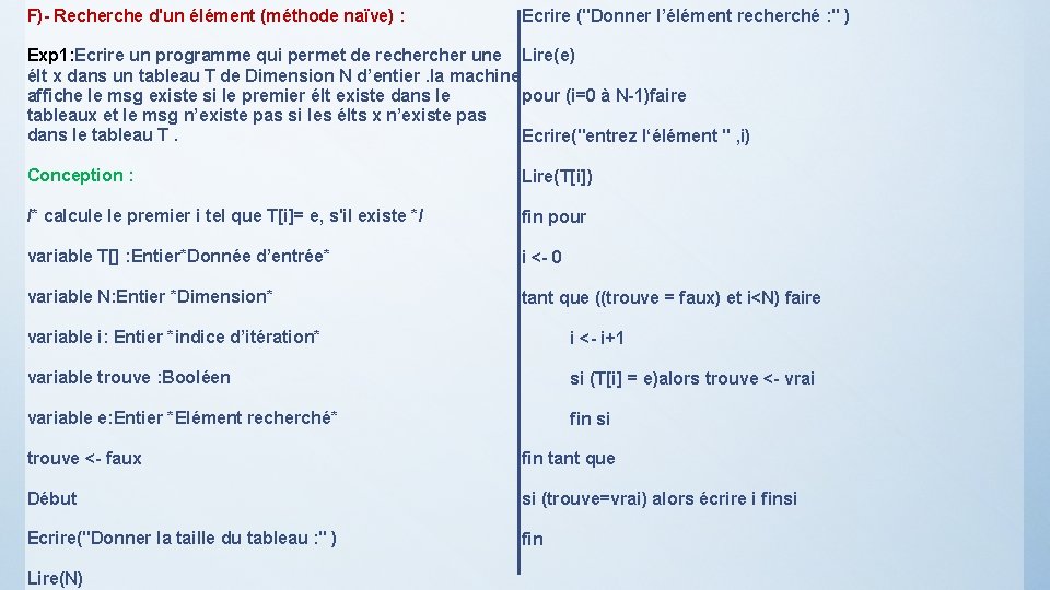 F)- Recherche d'un élément (méthode naïve) : Ecrire ("Donner l’élément recherché : " )