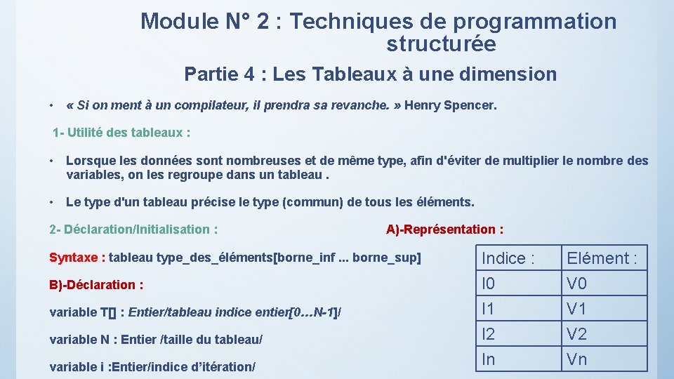 Module N° 2 : Techniques de programmation structurée Partie 4 : Les Tableaux à