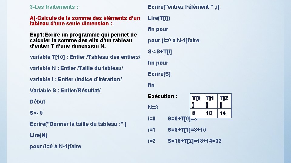 3 -Les traitements : Ecrire("entrez l‘élément " , i) A)-Calcule de la somme des