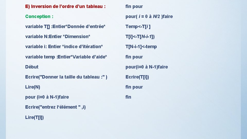 E) Inversion de l’ordre d’un tableau : fin pour Conception : pour( i =