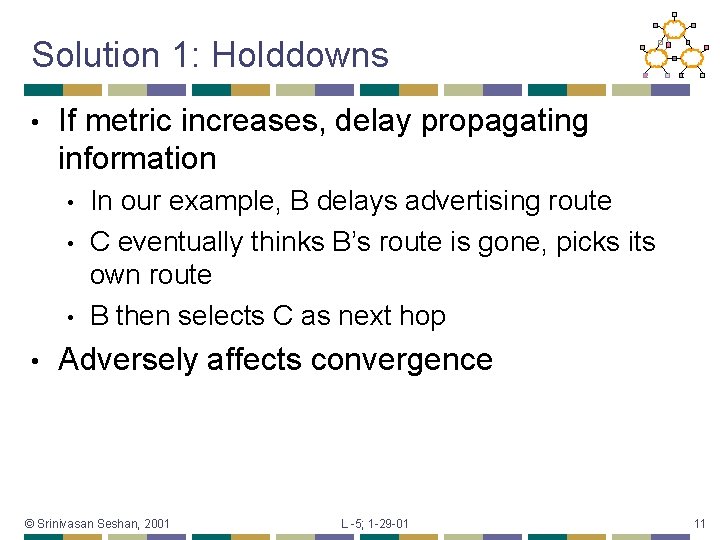 Solution 1: Holddowns • If metric increases, delay propagating information • • In our