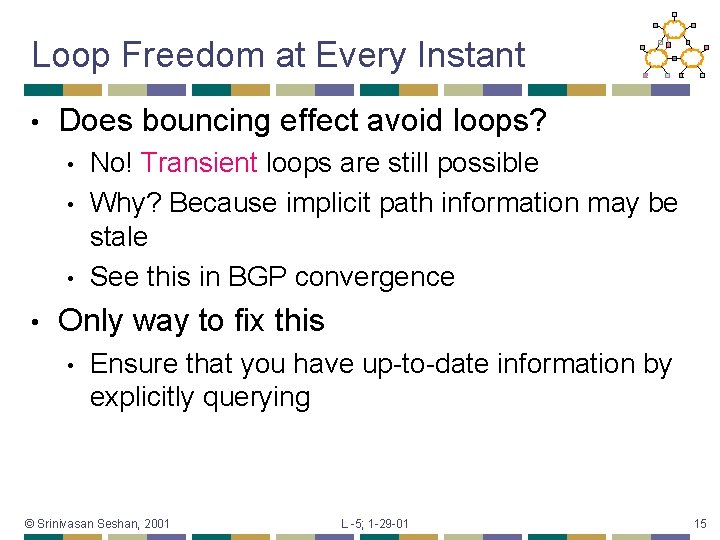 Loop Freedom at Every Instant • Does bouncing effect avoid loops? • • No!