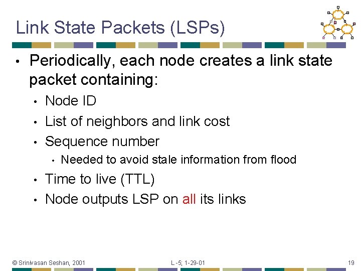 Link State Packets (LSPs) • Periodically, each node creates a link state packet containing: