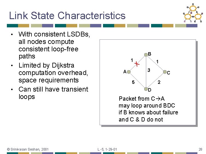 Link State Characteristics With consistent LSDBs, all nodes compute consistent loop-free paths • Limited